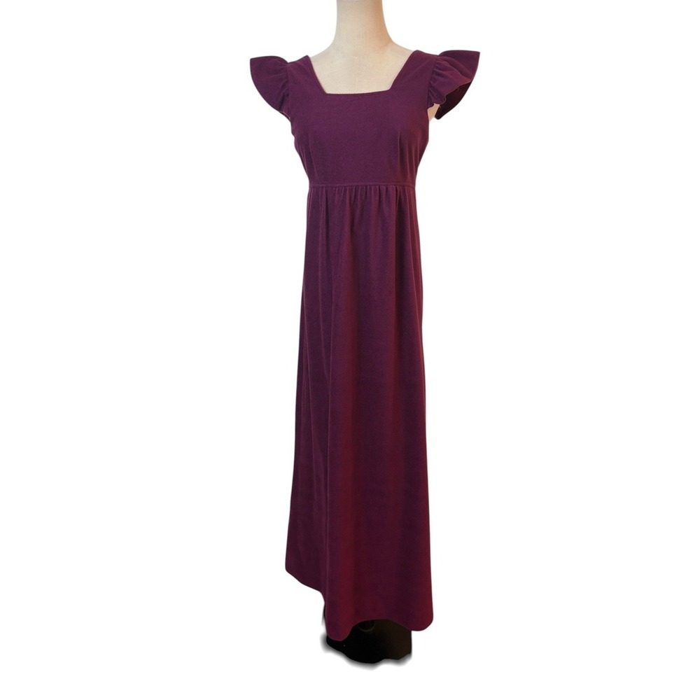 Vtg 70s Byer‎ California Maxi Dress Plum Velour Flutter Sleeve Prairie Boho Sz M